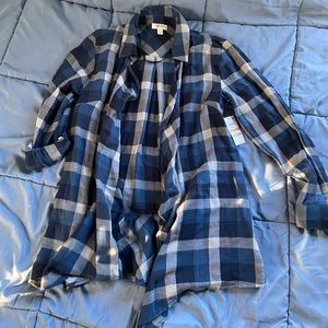 Style & Co Long Roll Tab Sleeve Ruffle Hem Carefree Plaid Blue Cardigan S NWT